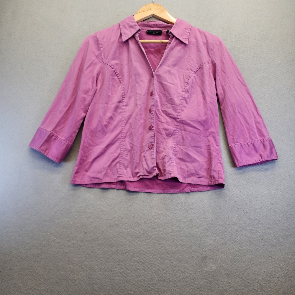 Apostrophe Petite Purple Button Down Shirt 3/4 Sleeve Stretch Cotton 10P Vintage